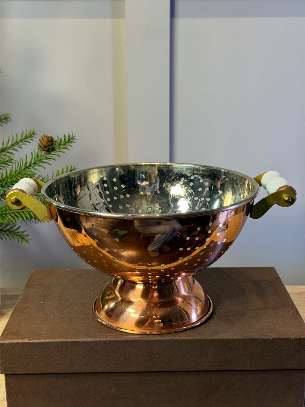 Vintage 9” Copper Colander Strainer Brass white Ceramic Handles Tinned Interior